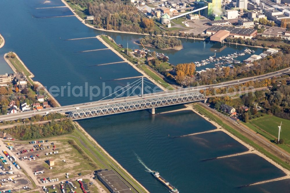 Aerial image Karlsruhe - River - bridges construction crossing the Rhine river near Maxau in the district Knielingen in Karlsruhe in the state Baden-Wurttemberg, Germany