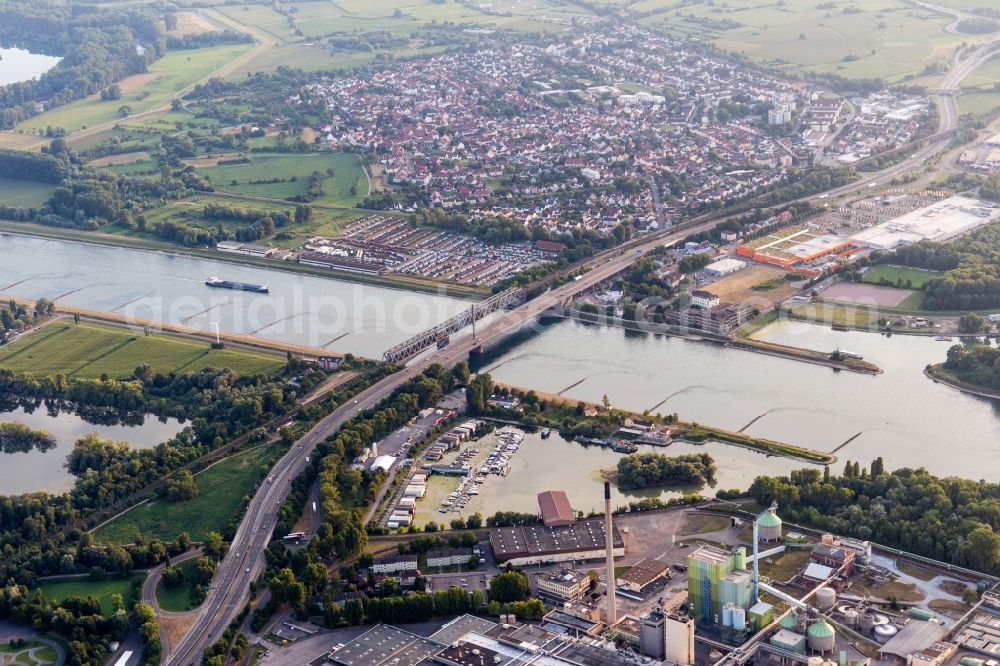 Karlsruhe from above - River - bridges construction crossing the Rhine river near Maxau in the district Knielingen in Karlsruhe in the state Baden-Wurttemberg, Germany