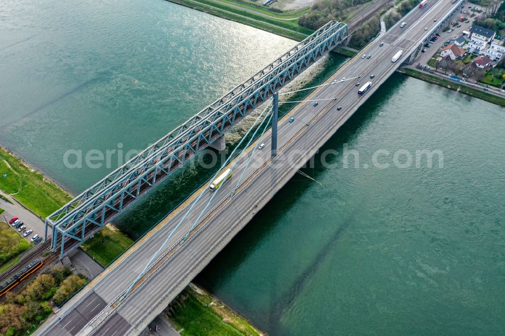 Karlsruhe from the bird's eye view: River - bridges construction crossing the Rhine river near Maxau in the district Knielingen in Karlsruhe in the state Baden-Wurttemberg, Germany
