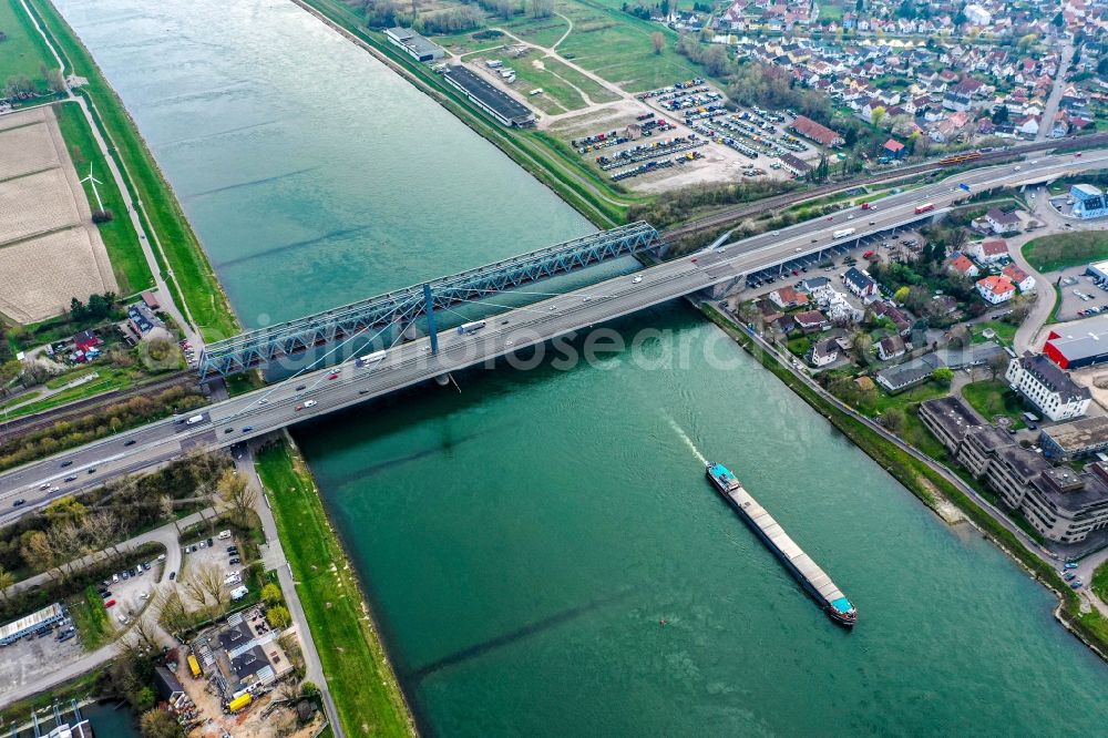 Aerial image Karlsruhe - River - bridges construction crossing the Rhine river near Maxau in the district Knielingen in Karlsruhe in the state Baden-Wurttemberg, Germany