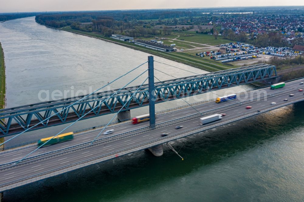 Aerial photograph Karlsruhe - River - bridges construction crossing the Rhine river near Maxau in the district Knielingen in Karlsruhe in the state Baden-Wurttemberg, Germany