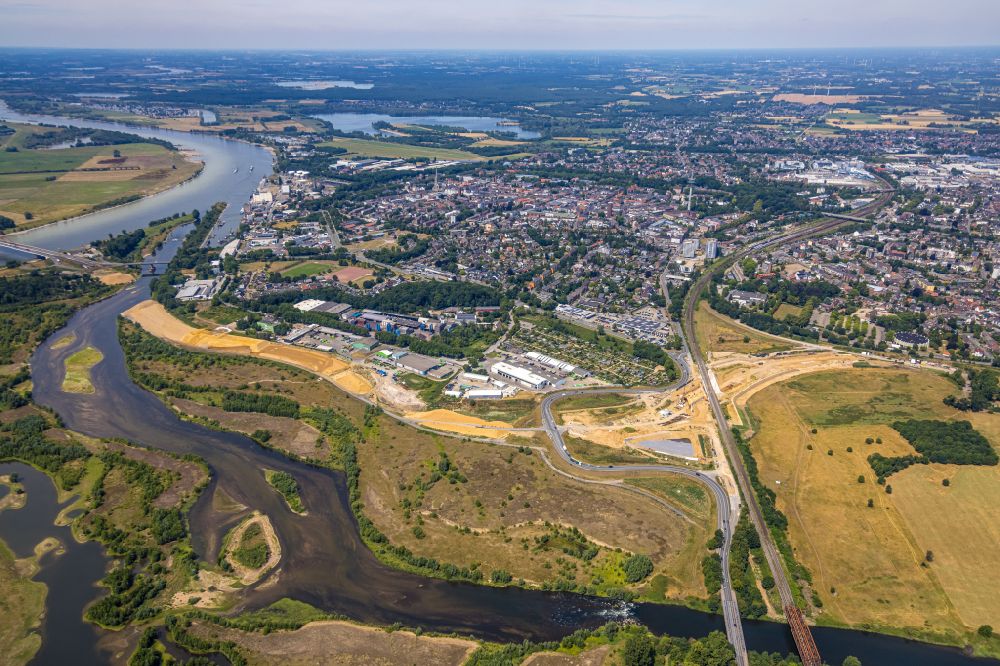 Wesel from above - River delta and river mouth of the Lippe in Wesel in the state North Rhine-Westphalia, Germany
