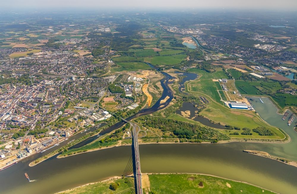Aerial image Wesel - River delta and estuary of the Lippe and Rhine with Niederrheinbruecke near Wesel in the state North Rhine-Westphalia, Germany
