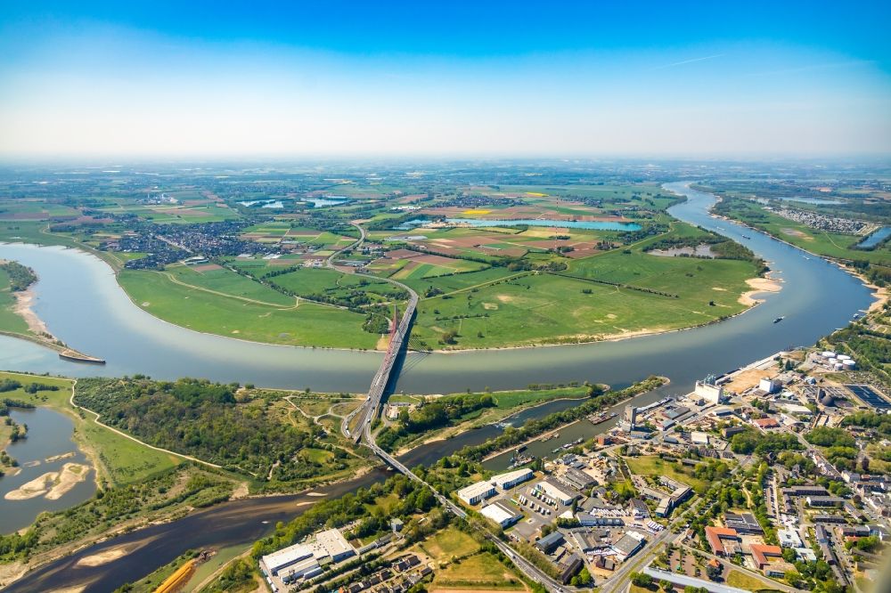 Wesel from above - River delta and estuary of the Lippe and Rhine with Niederrheinbruecke near Wesel in the state North Rhine-Westphalia, Germany