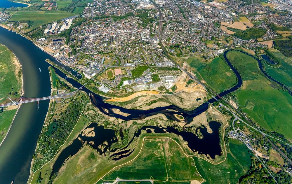 Aerial image Wesel - River delta and estuary of the Lippe and Rhine with Niederrheinbruecke near Wesel in the state North Rhine-Westphalia, Germany