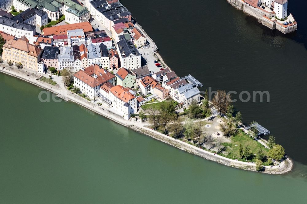 Passau from above - River Delta and estuary Dreifluesseeck in Passau in the state Bavaria, Germany