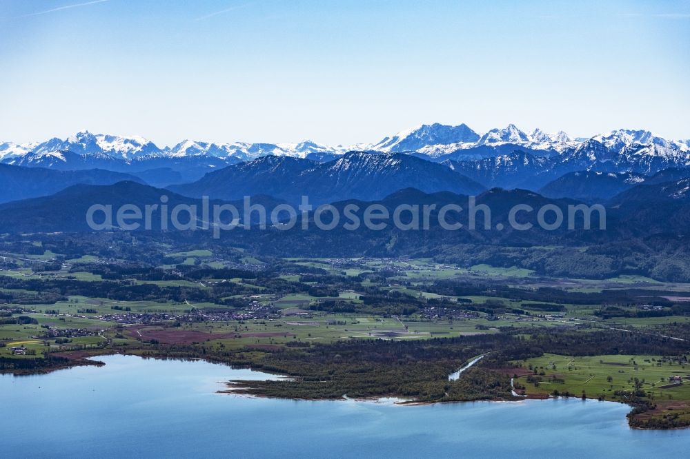 Chiemsee from the bird's eye view: River Delta and estuary of Tiroler Ache in Chiemsee in the state Bavaria, Germany