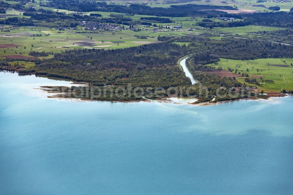 Aerial image Chiemsee - River Delta and estuary of Tiroler Ache in Chiemsee in the state Bavaria, Germany