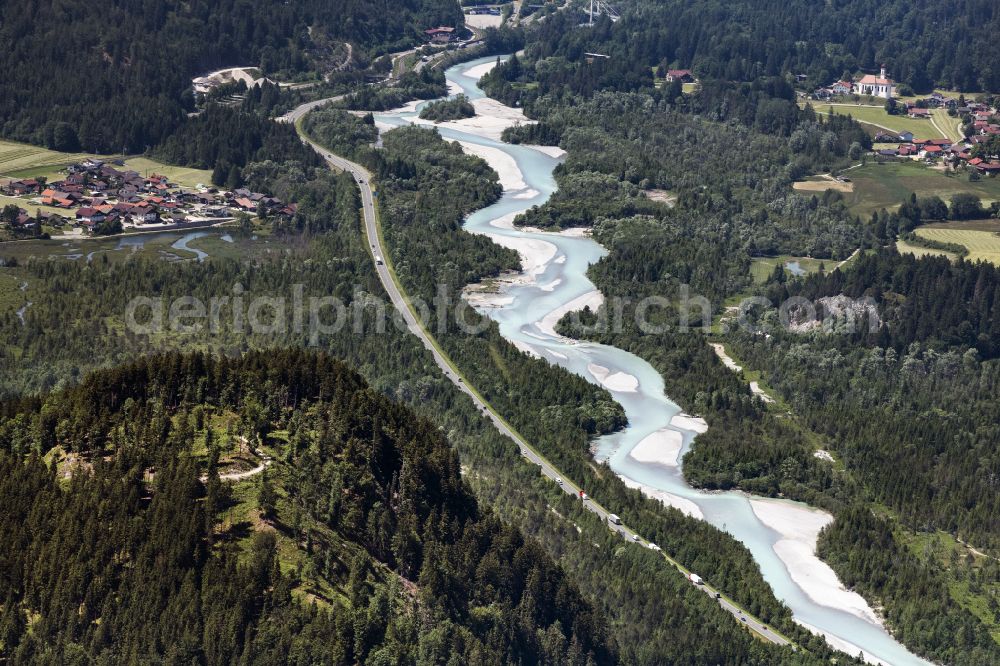 Pinswang from above - Meandering, serpentine curve of river of Lech in Pinswang in Tirol, Austria