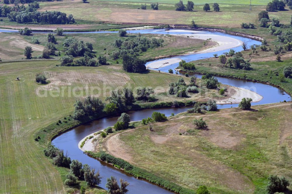 Laußig from above - Meandering, serpentine curve of river of Mulde in Laussig in the state Saxony, Germany