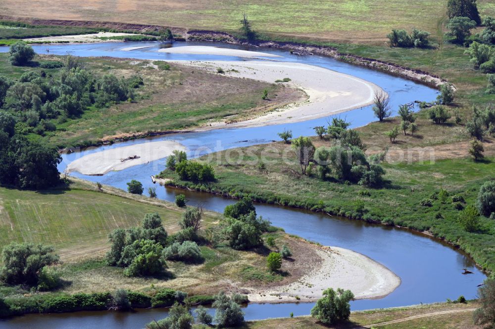 Laußig from the bird's eye view: Meandering, serpentine curve of river of Mulde in Laussig in the state Saxony, Germany