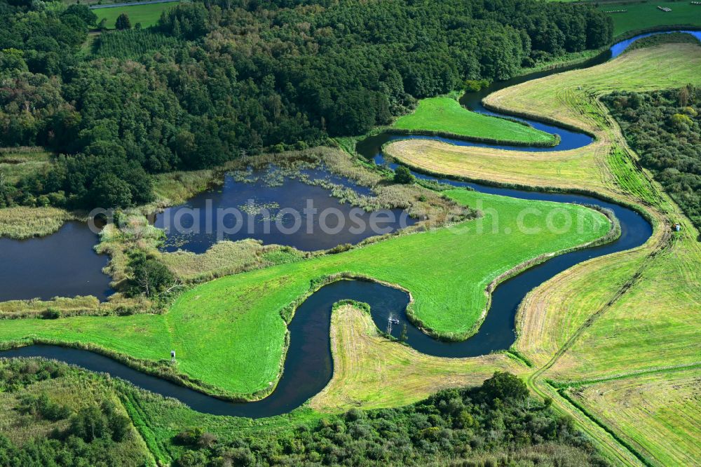 Aerial image Trollenhagen - Meandering, serpentine curve of river Tollense in Trollenhagen in the state Mecklenburg - Western Pomerania, Germany