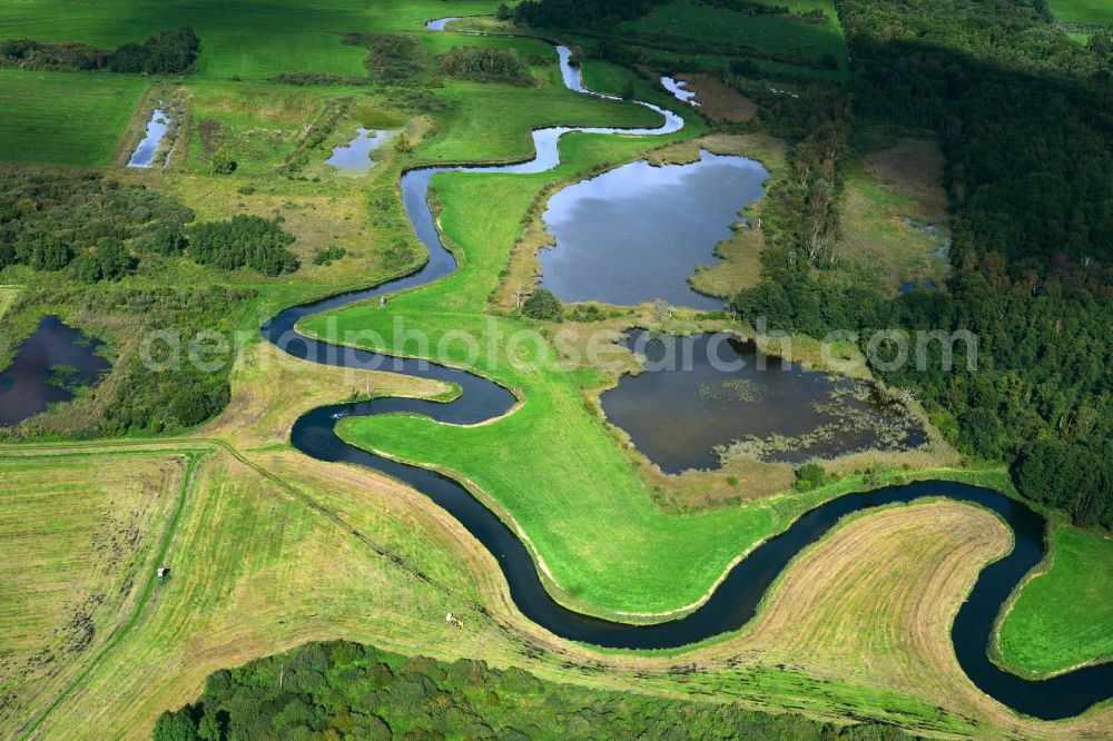 Trollenhagen from the bird's eye view: Meandering, serpentine curve of river Tollense in Trollenhagen in the state Mecklenburg - Western Pomerania, Germany