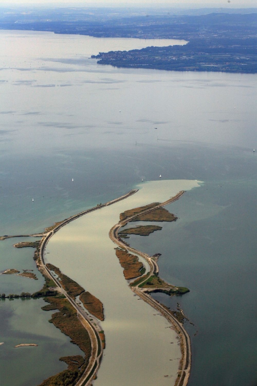 Aerial image Fußach - Canal and river mouth of the river Rhine into Lake Constance at Fussach and Hard in Vorarlberg, Austria