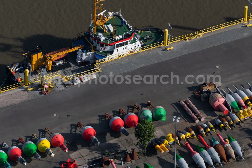Bremerhaven from above - River shore area on the Geeste with buoy storage area on the street Am Radarturm in the district Mitte-Sued in Bremerhaven in the state Bremen, Germany