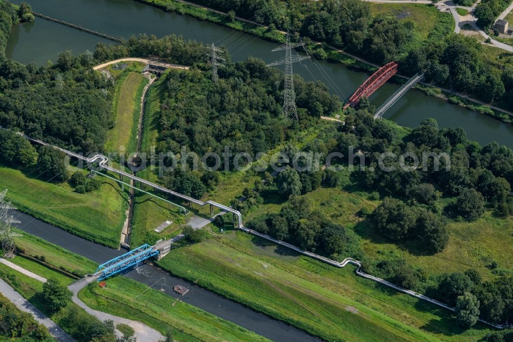 Gelsenkirchen from above - River - bridge construction about the Emscher in the district Karnap in Gelsenkirchen at Ruhrgebiet in the state North Rhine-Westphalia, Germany