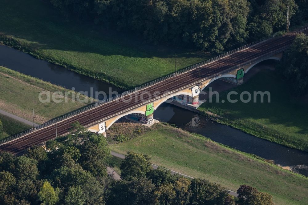 Aerial photograph Leipzig - River - bridge construction about the Nahle in Leipzig in the state Saxony, Germany