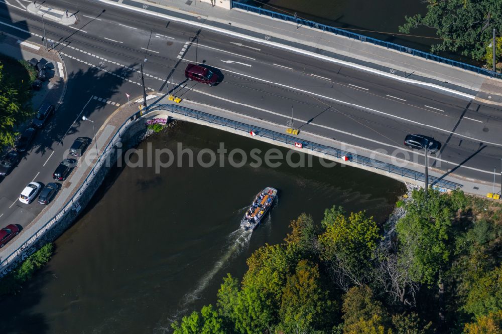 Leipzig from above - River - bridge structure to cross the Weissen Elster on street Karl-Heine-Strasse in the district Lindenau in Leipzig in the state Saxony, Germany