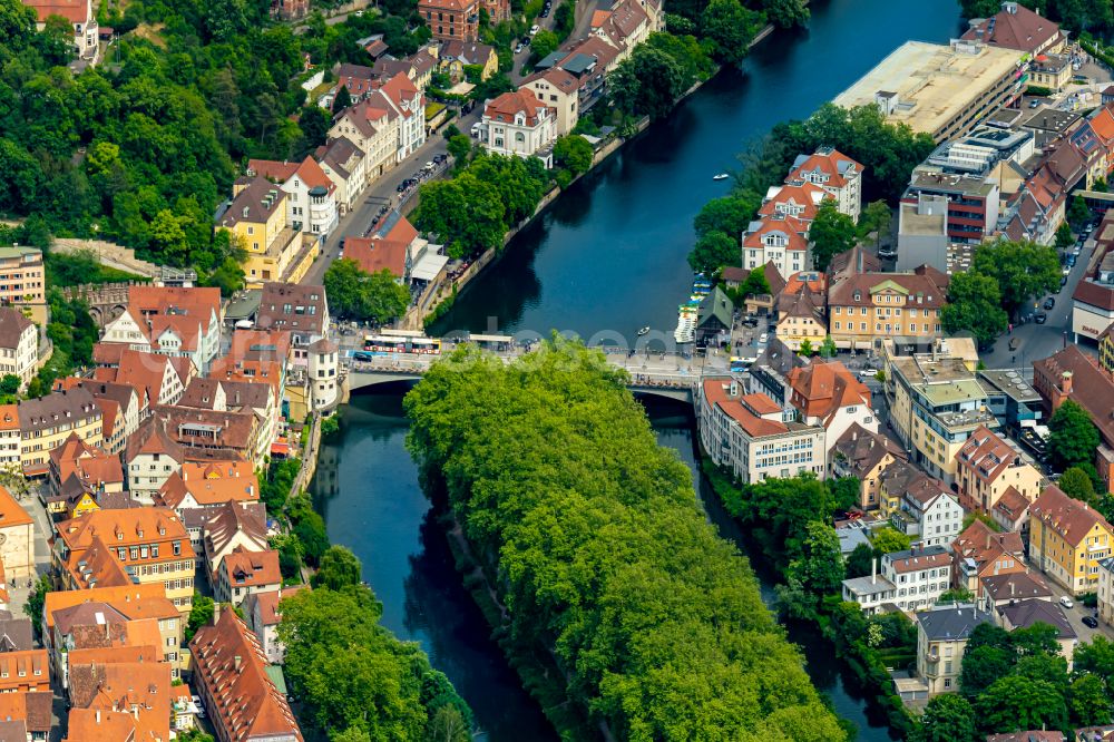 Aerial image Tübingen - River - bridge construction Eberhardsbruecke in Tuebingen in the state Baden-Wuerttemberg, Germany