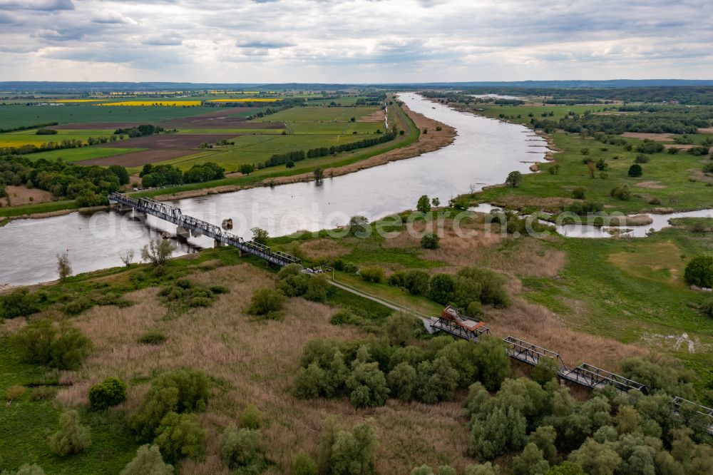 Aerial image Siekierki - River - bridge construction Europabruecke about the Oder in Siekierki in Woiwodschaft Westpommern, Poland