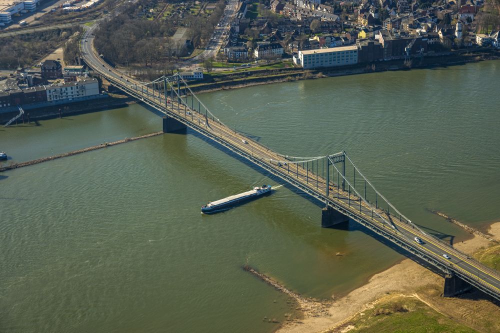 Uerdingen from the bird's eye view: River - bridge construction Krefeld-Uerdinger Bruecke ueber den Rhein in Uerdingen at Ruhrgebiet in the state North Rhine-Westphalia, Germany