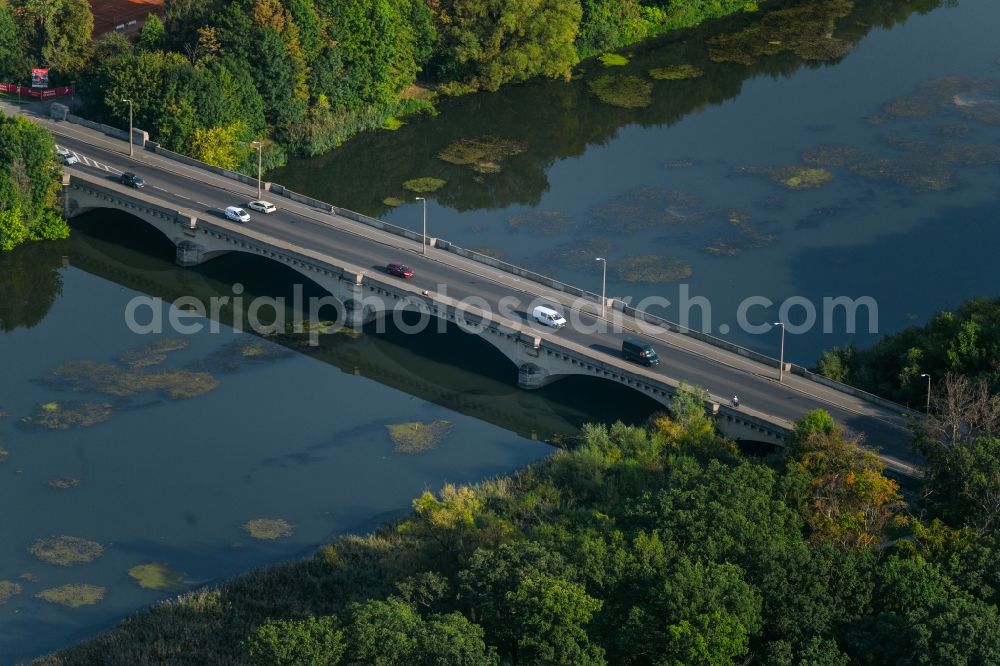 Leipzig from above - River - bridge construction Landauer Bruecke over the Elsterbecken in Leipzig in the state Saxony, Germany