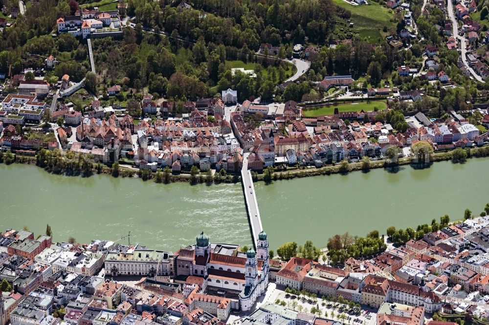 Aerial photograph Passau - River - bridge construction Marienbruecke in Passau in the state Bavaria, Germany