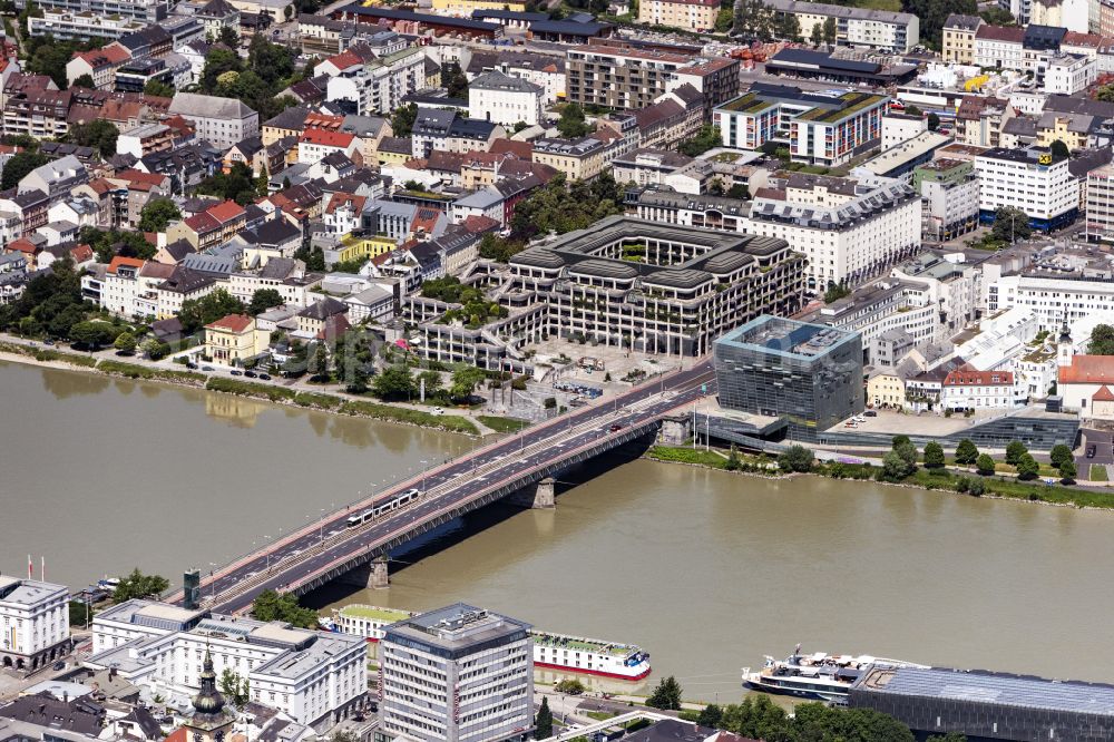 Linz from above - River - bridge construction Niebelungenbruecke in Linz in Oberoesterreich, Austria