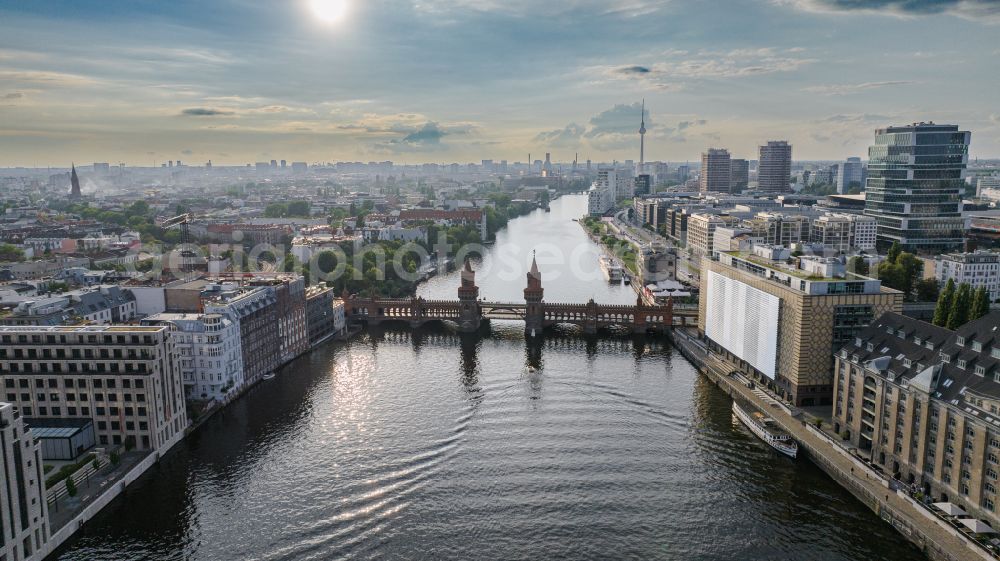 Berlin from above - River - bridge construction Oberbaumbruecke for crossing the Spree in the district Friedrichshain in Berlin, Germany