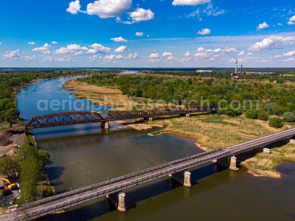 Aerial image Küstrin Kostrzyn nad Odra - River - bridge construction in Kuestrin Kostrzyn nad Odra in Drossen, Poland