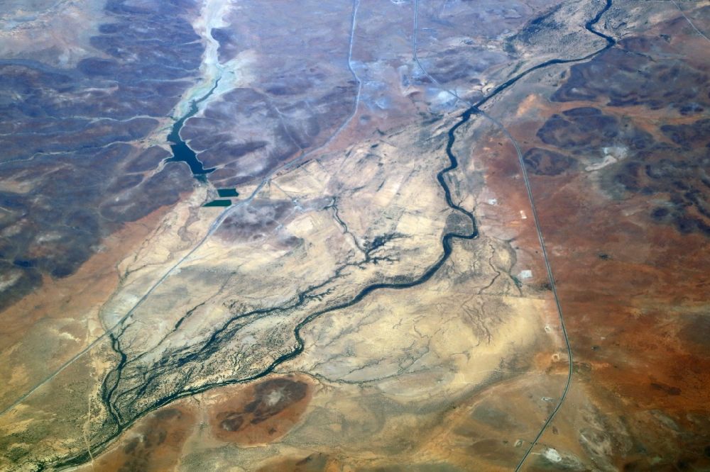 De Aar from above - River landscape and lake Houwaterdam northwest of Britstown in the Northern Cape, South Africa