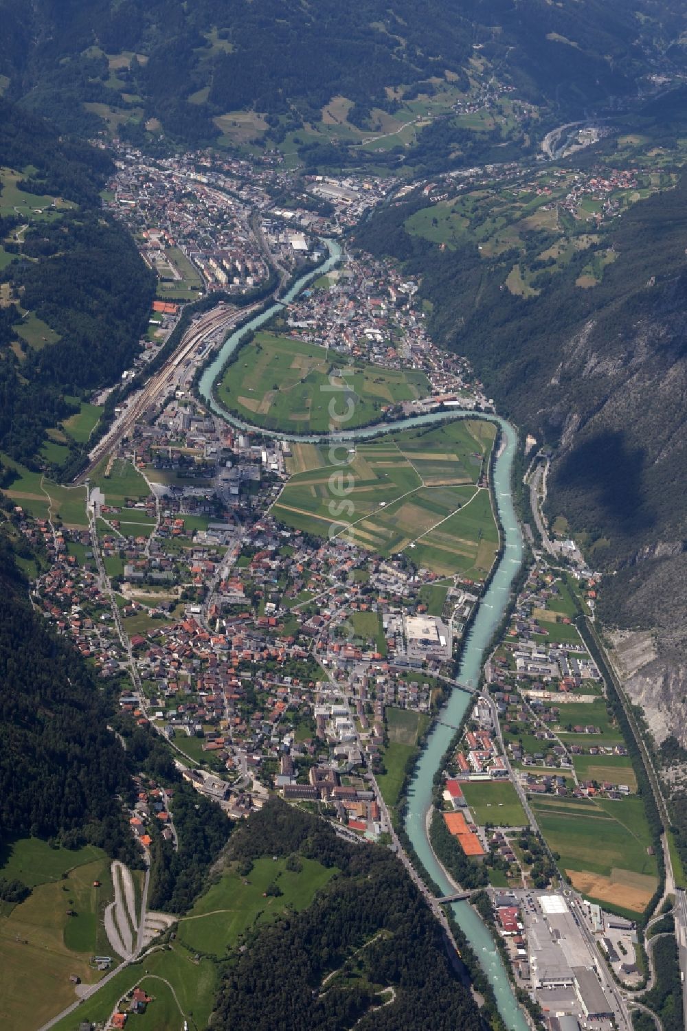 Aerial image Landeck - The course of the river Inn in Landeck in Austria