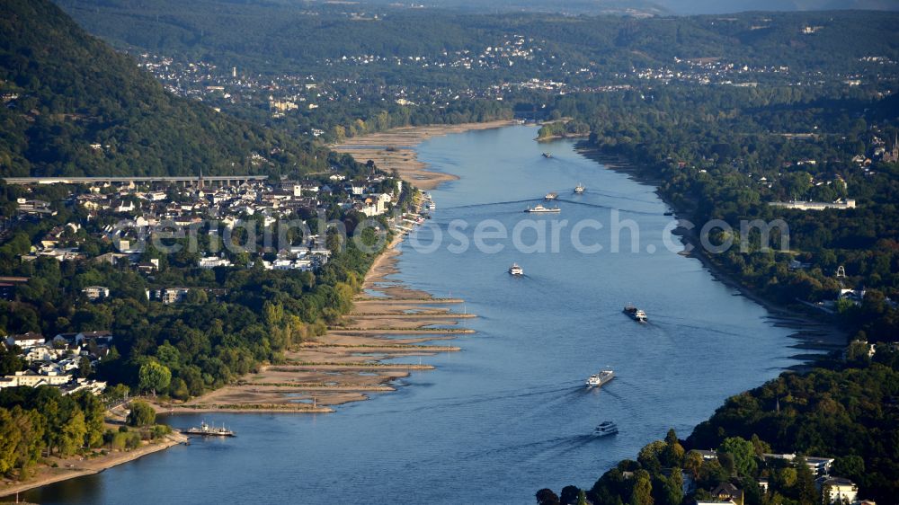 Königswinter from above - River course of the Rhine at low water Koenigswinter in the state North Rhine-Westphalia, Germany