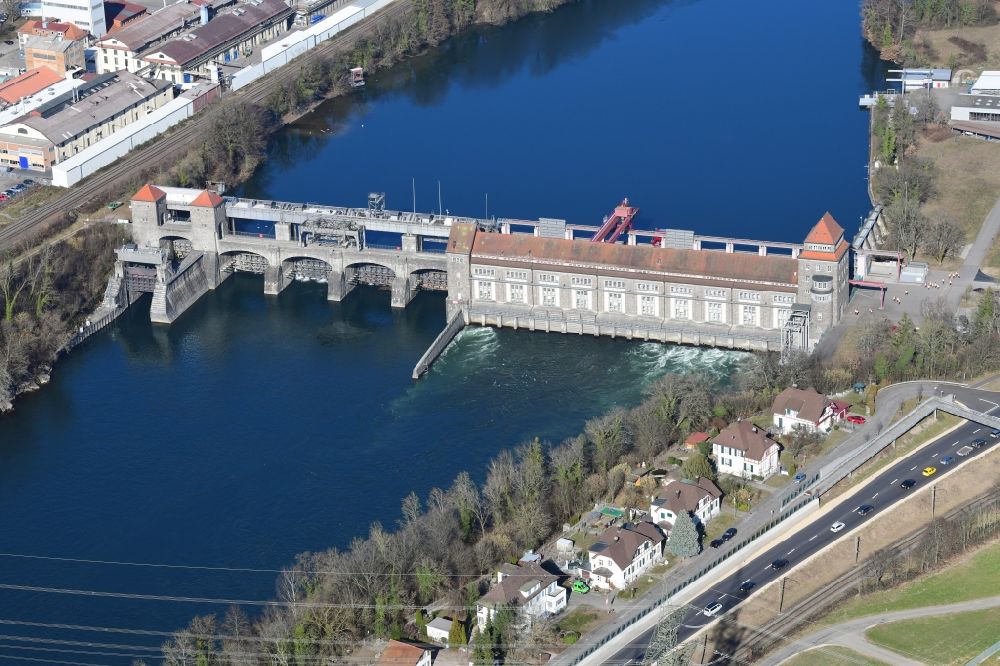 Laufenburg from above - Dam of the hydroelectric power plant of Energiedienst Holding AG at the river Rhine in Laufenburg in the state Baden-Wurttemberg, Germany