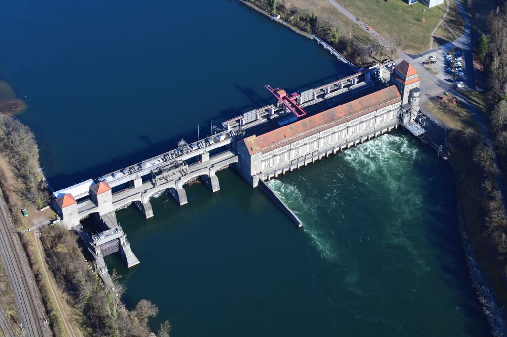 Aerial image Laufenburg - Dam of the hydroelectric power plant of Energiedienst Holding AG at the river Rhine in Laufenburg in the state Baden-Wurttemberg, Germany