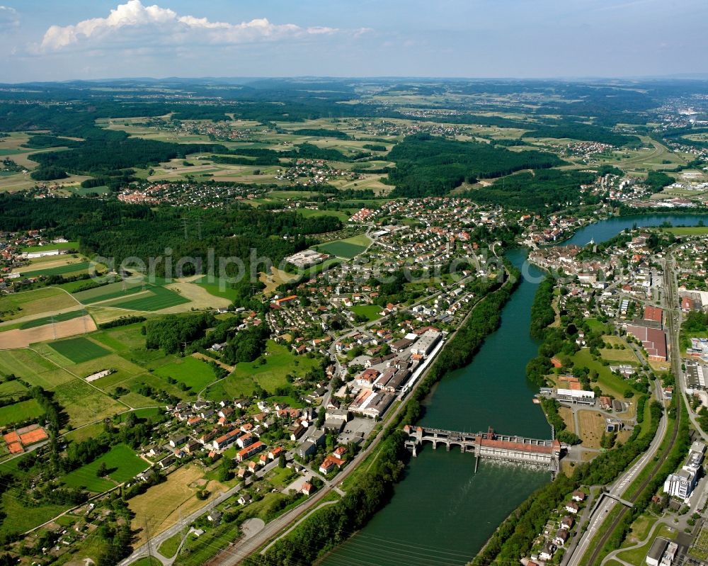 Aerial image Laufenburg - Dam of the hydroelectric power plant of Energiedienst Holding AG at the river Rhine in Laufenburg in the state Baden-Wurttemberg, Germany