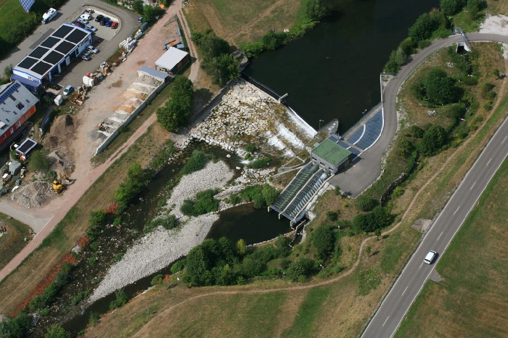 Hausen im Wiesental from above - Structure and dams of the hydroelectric power plant of Energiedienst at the river Wiese in Hausen im Wiesental in the state Baden-Wurttemberg, Germany
