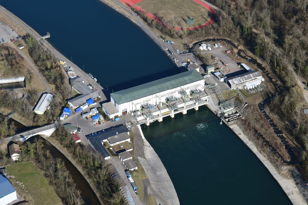 Albbruck from the bird's eye view: Hydroelectric power plant at the river Rhine Rheinkraftwerk Albbruck-Dogern in Albbruck in the state Baden-Wurttemberg, Germany