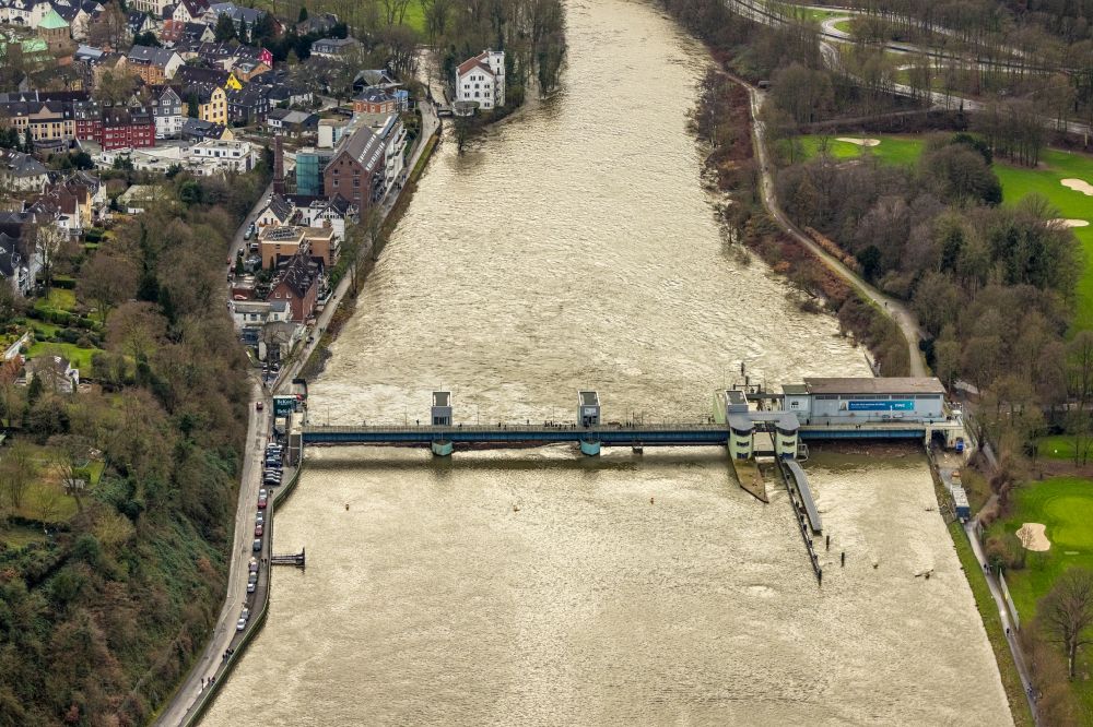 Essen from above - Flooded water on Weir on the banks of the flux flow Baldeneysee Stauwehr in the district Werden in Essen in the state North Rhine-Westphalia, Germany