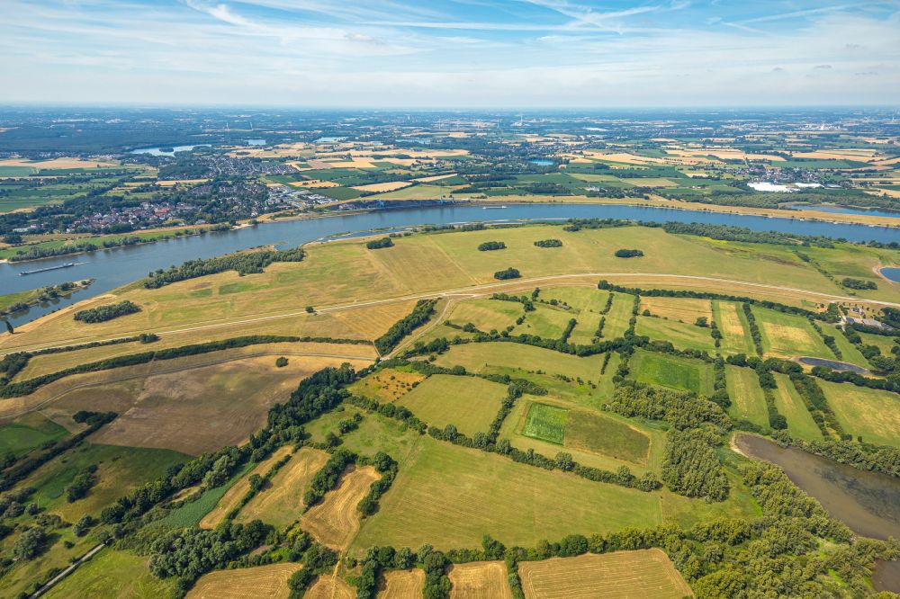 Duisburg from above - Flooding meadows on the river bed of the Rhine in the Walsum district in Duisburg in the Ruhr area in the state North Rhine-Westphalia, Germany