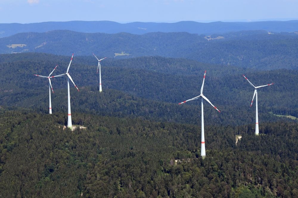 Schopfheim from the bird's eye view: Five wind turbines on the Rohrenkopf, the local mountain of Gersbach, a district of Schopfheim in Baden-Wuerttemberg. It was the first wind farm in the south of the Black Forest