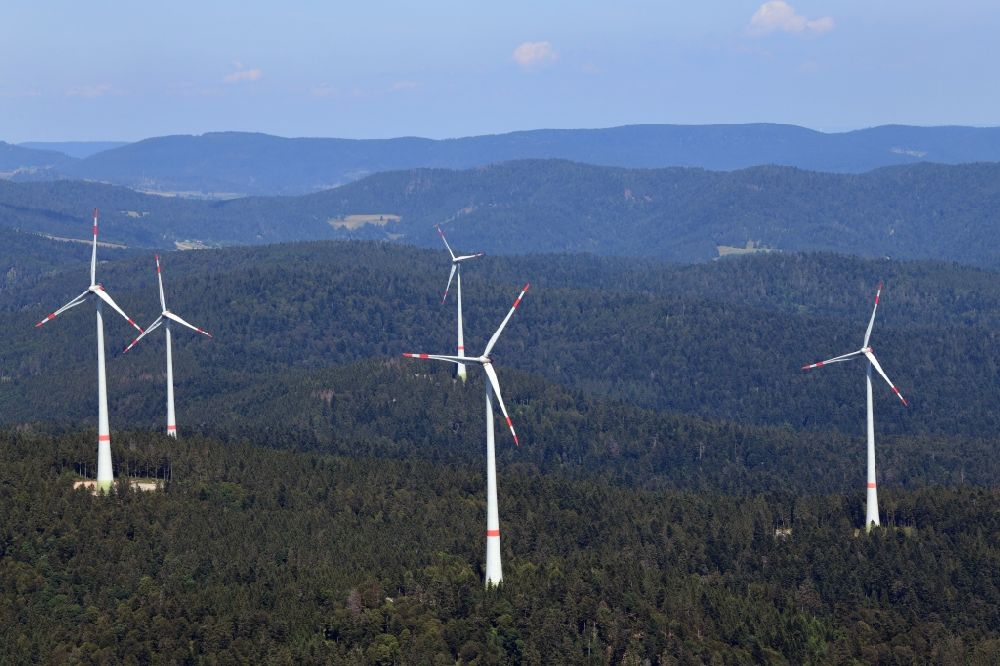 Aerial image Schopfheim - Five wind turbines on the Rohrenkopf, the local mountain of Gersbach, a district of Schopfheim in Baden-Wuerttemberg. It was the first wind farm in the south of the Black Forest