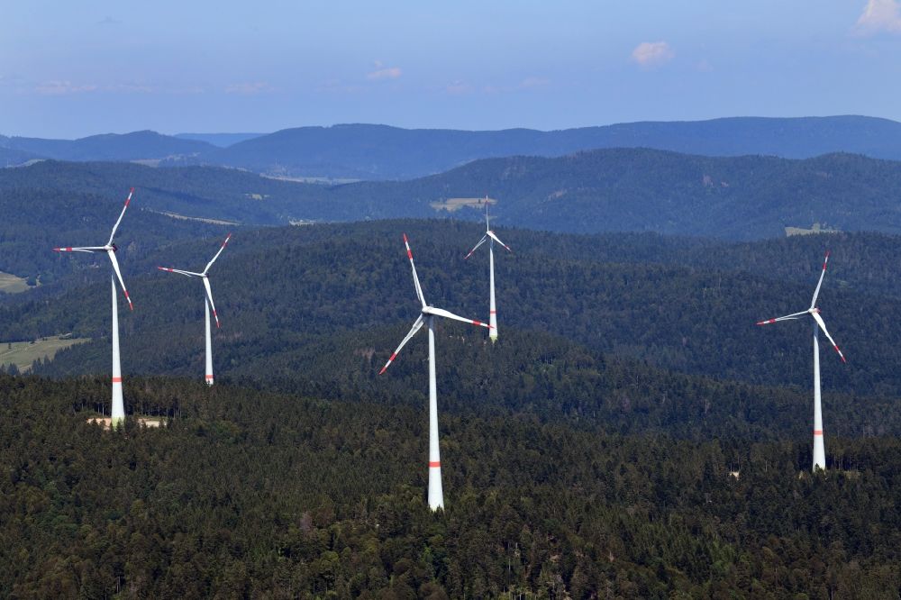 Aerial photograph Schopfheim - Five wind turbines on the Rohrenkopf, the local mountain of Gersbach, a district of Schopfheim in Baden-Wuerttemberg. It was the first wind farm in the south of the Black Forest