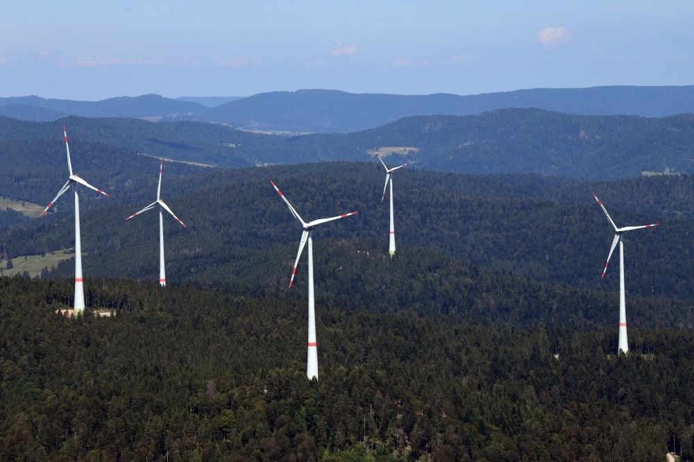 Schopfheim from above - Five wind turbines on the Rohrenkopf, the local mountain of Gersbach, a district of Schopfheim in Baden-Wuerttemberg. It was the first wind farm in the south of the Black Forest