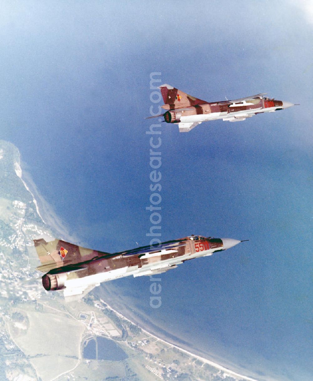 Aerial photograph Peenemünde - Formation flight of a pair of Mig 23 fighter aircraft from the GDR- Air Force