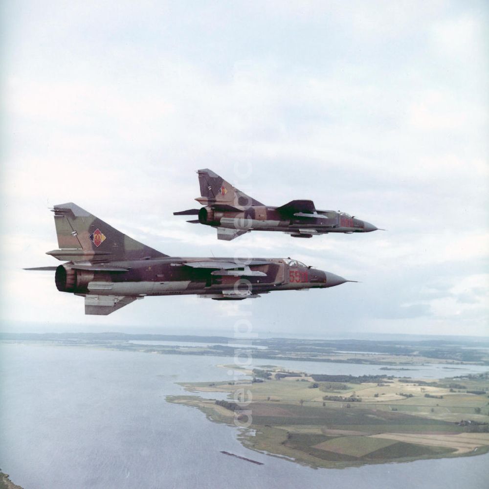 Peenemünde from the bird's eye view: Formation flight of a pair of Mig 23 fighter aircraft from the GDR- Air Force
