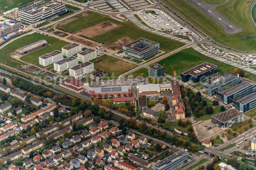 Freiburg im Breisgau from above - Research building and office complex of Albert-Ludwigs-Universitaet Freiburg on Georges-Koehler-Allee next to the construction works of the stadium for sports club Freiburg in Freiburg im Breisgau in the state Baden-Wurttemberg, Germany