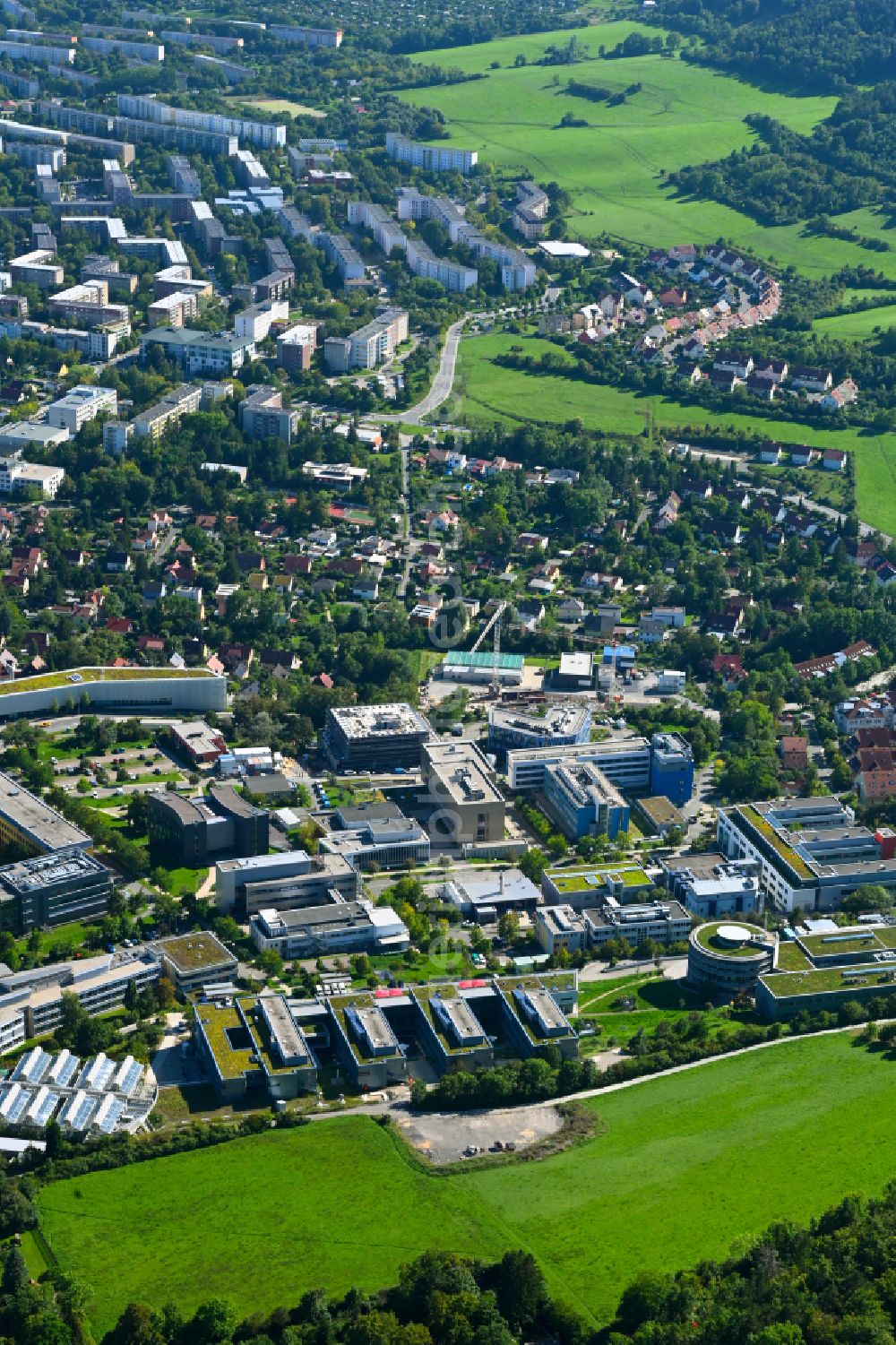 Jena from the bird's eye view: Research building and office complex of Beutenberg-Campus Jena e.V. on street Winzerlaer Strasse in the district Ammerbach in Jena in the state Thuringia, Germany