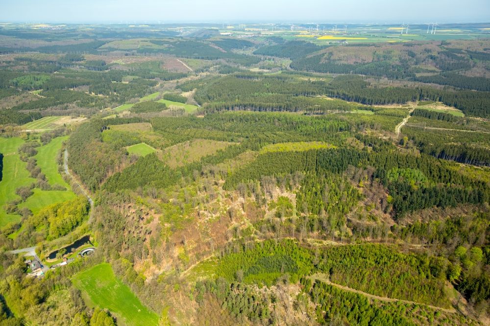 Alme from the bird's eye view: Forest areas in in Alme in the state North Rhine-Westphalia, Germany