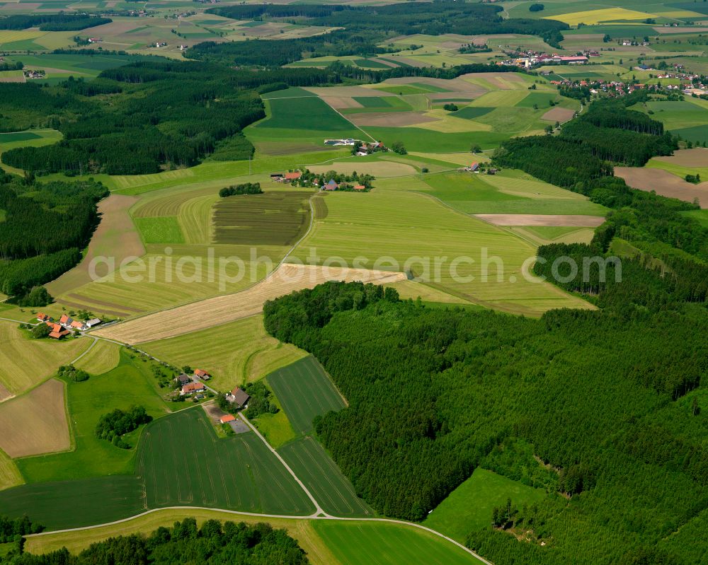 Eberhardzell from above - Forest areas in in Eberhardzell in the state Baden-Wuerttemberg, Germany